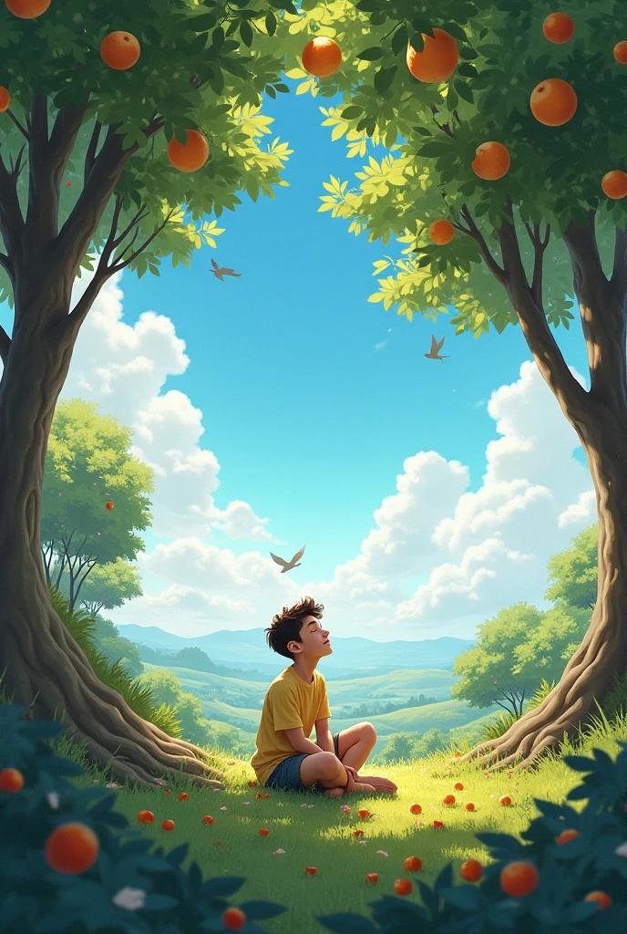 Orginality pic of A happy mind ager with clean shave dreaming his beautiful heaven include , birds, siting under trees with beautiful fruits back wide view