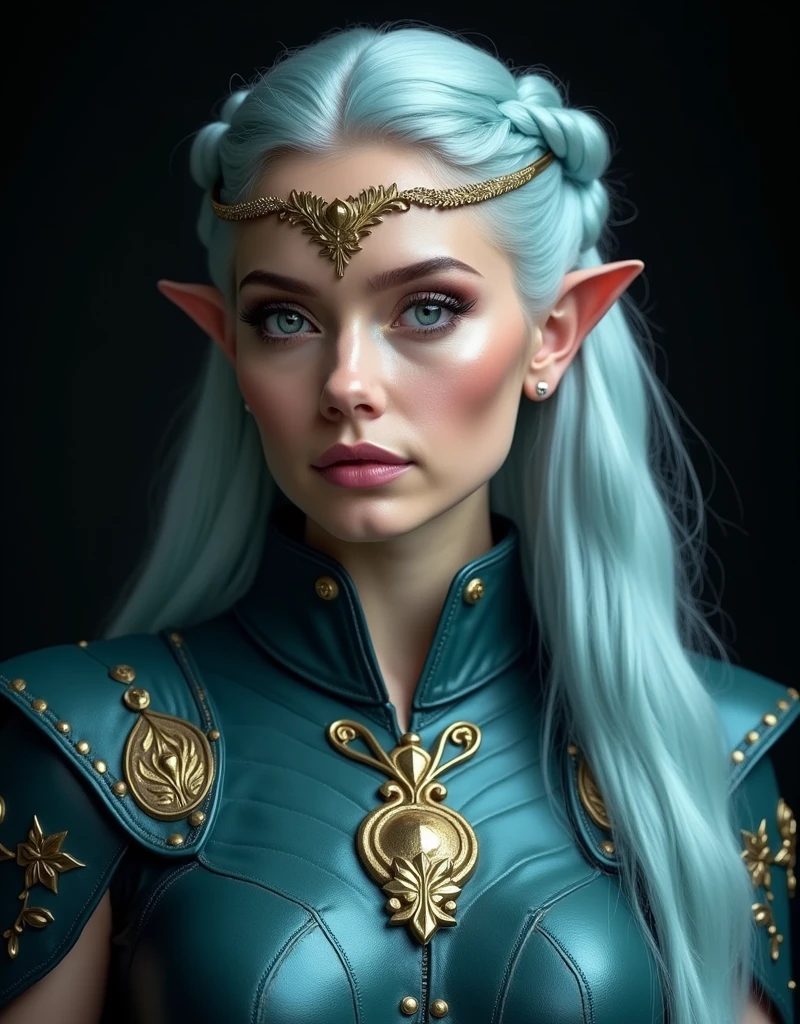 GORGEOUS VALKYRIE , WARRIOR WOMAN, BUST IMAGE STYLE, STUDIO IMAGE STYLE, BLACK INFINITE BACKGROUND, DIFFUSED LIGHTS ON FACE, BACK LIGHTS ON HAIR, LUMINOUS PINK BLUE HAIR, CLOSE FACE SHOT, HUGE LONG HAIR, HUGE STRAIGHT LONG HAIR, BRAID HAIR STYLE, PLATINUM EYEBROWS, VERY PALE SKIN, LUMINOUS SKIN, FEMALE FAIRY, TOLKIEN MITHOLOGY, EXPOSED LONG TIP EARS, HIGH CHEEKBONES, ROSY CHEEKS, GORGEOUS LIPS, SOFT LIPSTICK, GORGEOUS CURVY BODY, SOFT MUSCLES, VOLUMOUS BREASTS, BLUE GREEN ARMOUR, FULL BODY ARMOUS, FLAT BOOTS, NECK CLEAVAGE, LONG BRACELETS, GOLD DETAILS, GOLDEN HEADBAND , ENIGMATIC FACE EXPRESSION, SIDE FACE VIEW, EYES LOOKING UP, TOLKIEN MITHOLOGY, HIGH QUALITY IMAGE, MASTERPIECE, 8K