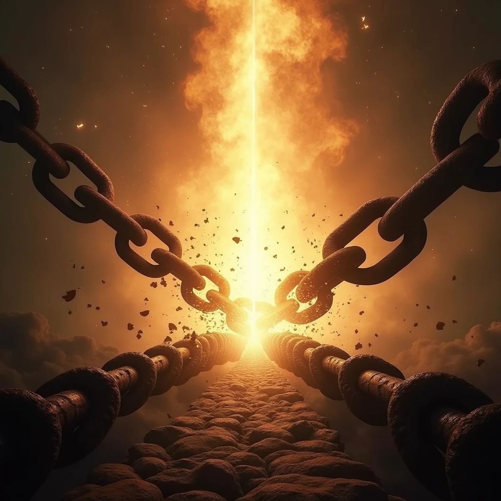 Creates image breaking of large and thick chains and robust bright By the Power of the Holy Spirit full of fire and white incandescent light  ,in a spiritual world and dark background darkness and evil shadows And evil male spirits fleeing for the Light of the Holy Spirit 
