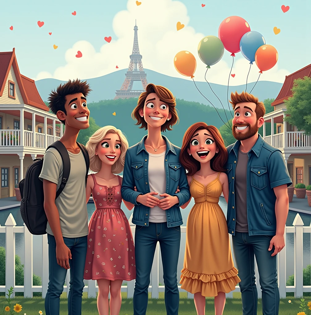 I want you to have as a reference the people in the photo that I share with you and create a Disney image, a movie poster, where the three people on the left of the photo, They find out that the two on the right are going to have a 