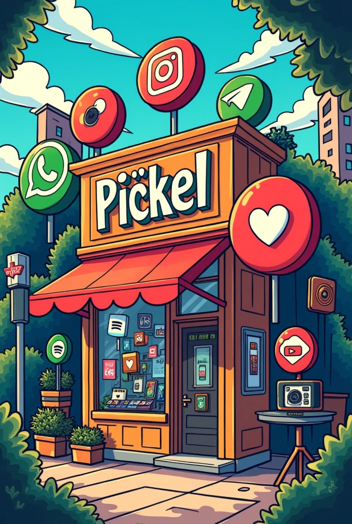 A Store of WhatsApp, Instagram, YouTube channel, Telegram, Spotify, Camera , make it comic cartoon type 