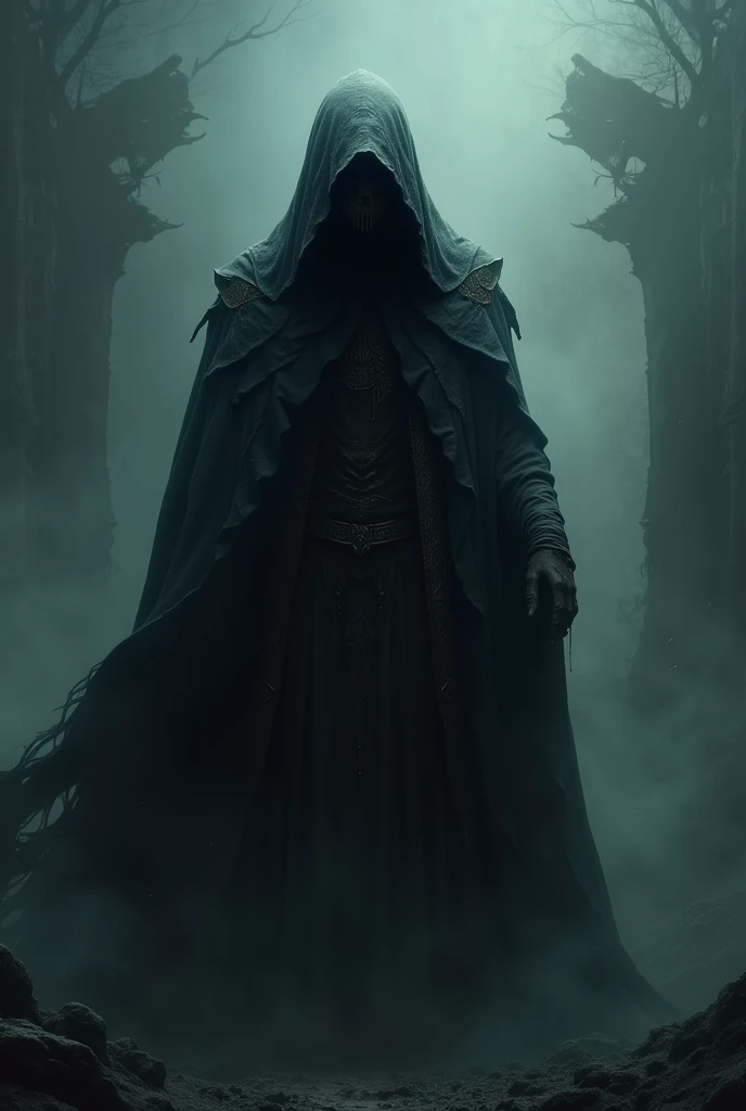 A dark and unknown face with a hood on his head, the god of the land of darkness.