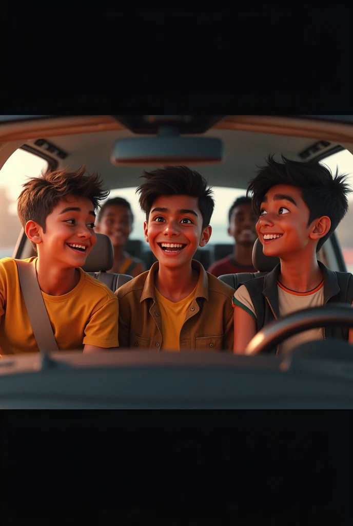 
/imagine prompt: 2d, personality: [Depict a light-hearted moment where Himanshu is laughing shakily, still in disbelief of their adventures. Capture the comfort of camaraderie among the boys as they share nervous laughter in the car] unreal engine, hyper real --q 2 --v 5.2 --ar 16:9