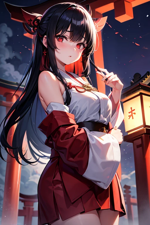 Girl in shrine maiden outfit, black hair, calm expression, late night, shrine, talisman, darkness, large torii gate, chest, fog