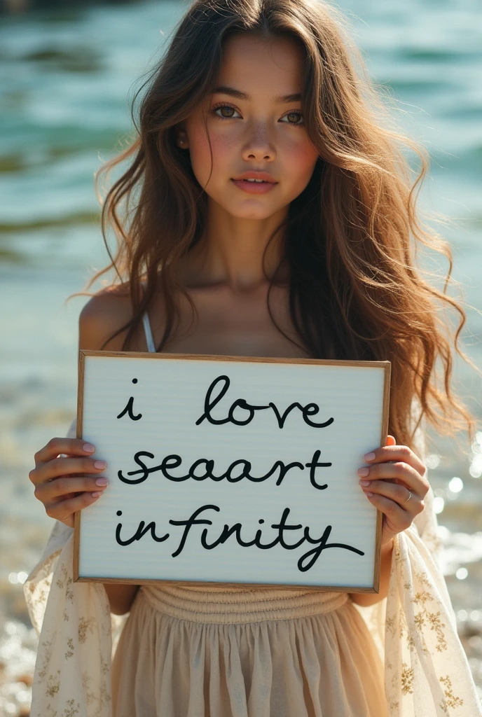 Beautiful girl with wavy long hair, bohemian dress, holding a white board with text "I Love Seaart Infinity" and showing it to the viewer