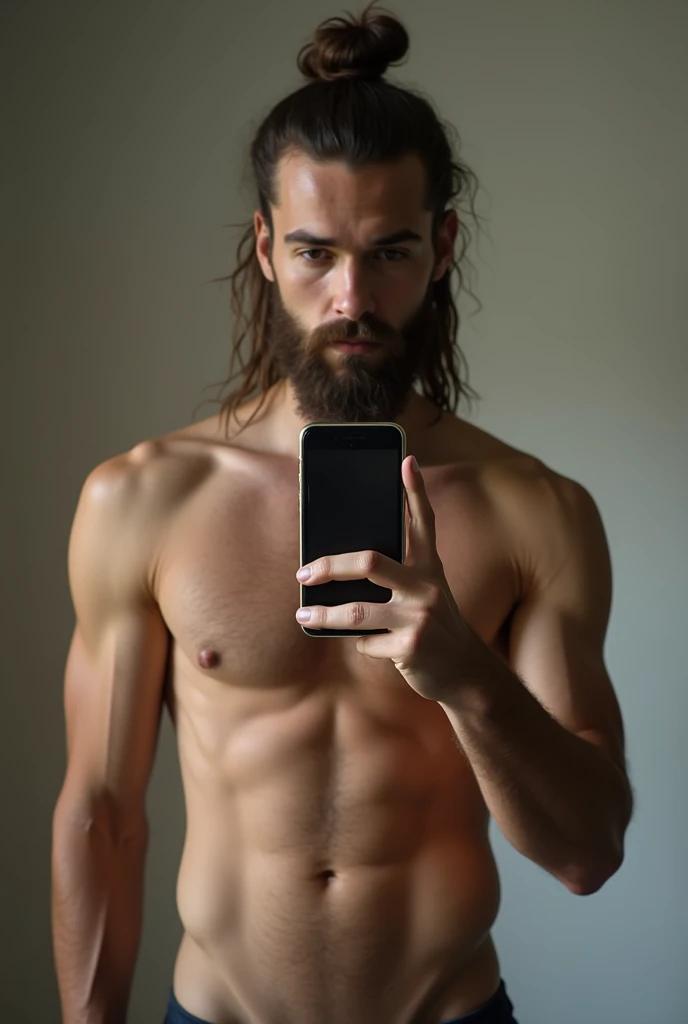 Man taking a photo in the mirror with a smartphone, naked, without any clothes, but covering his penis with the hand that doesn&#39;t have the smartphone, of thin physical build, 76 kg, with marked muscles, of long hair, very dark brown, tied with a bun at the nape of the neck, of 1,81 meters high, brown eyes with full trimmed beard. The image must be seen full body.