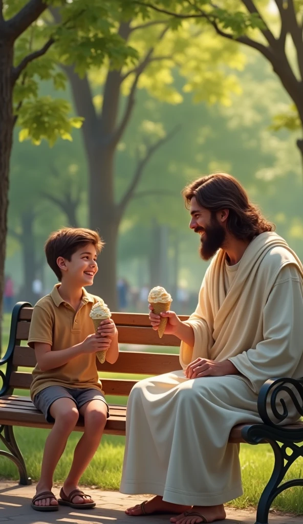 Jesus and a teen boy having ice cream in a park sitting opposite in the park bench opposite to each other surrounded by trees it is a walk through place having a good time laughing