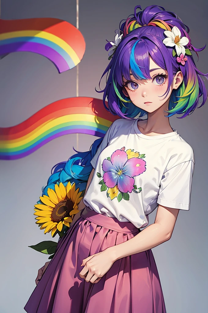 Big flower, rainbow hair girl, simple clothes, cute