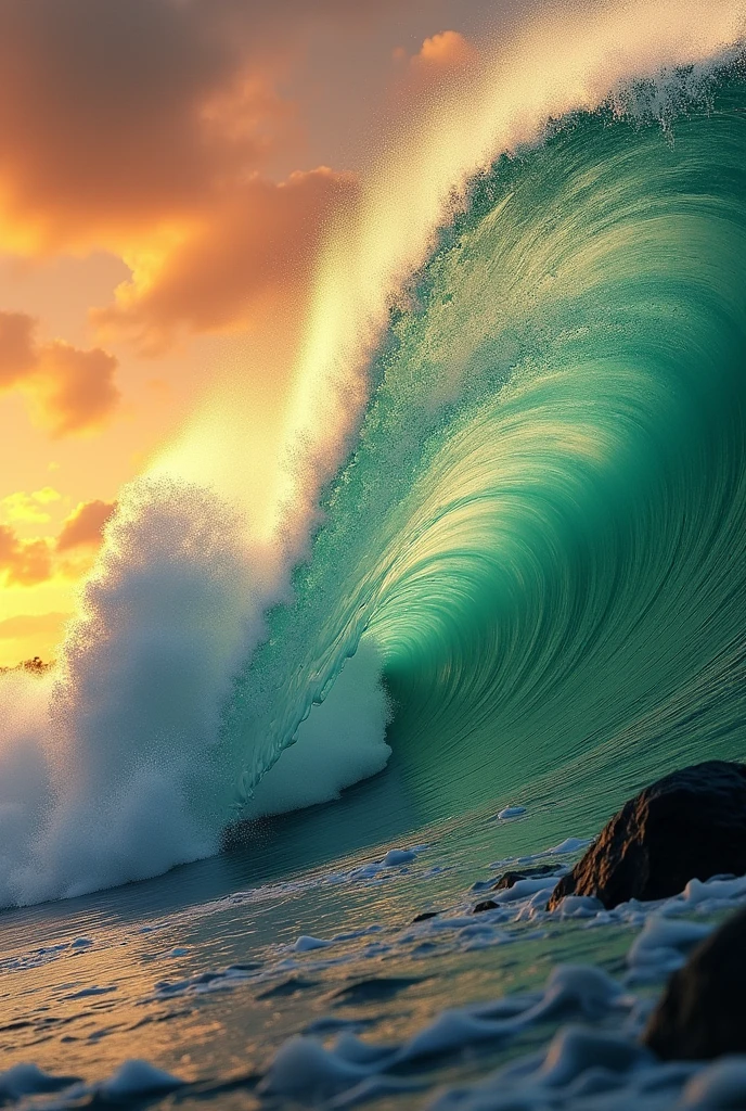 (photorealism: 1.2), realistic photo of a wave at sunset