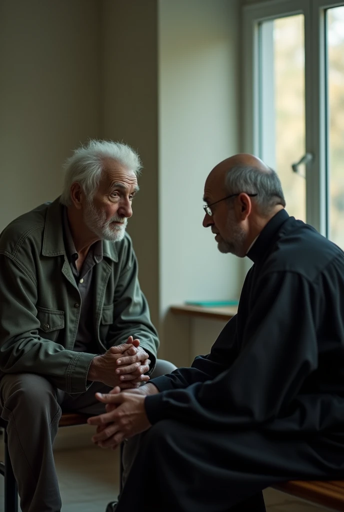 Elderly man sitting on a bench in a nursing home talking to a priest