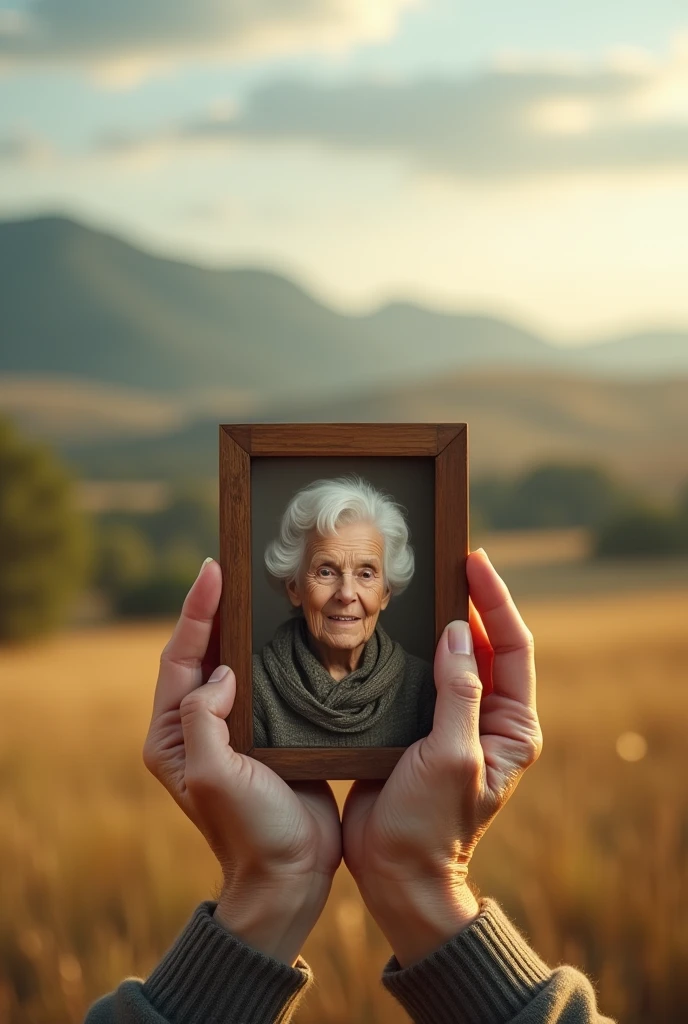 hands showing a picture of a grandmother on a plain with mountains and hills