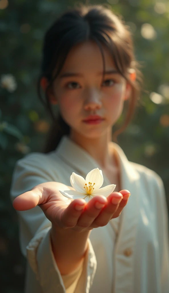 A person offering an apology with a gentle, sincere expression, extending a hand or holding a peace offering, like a white flower."
Make it vibrant and hyper realistic