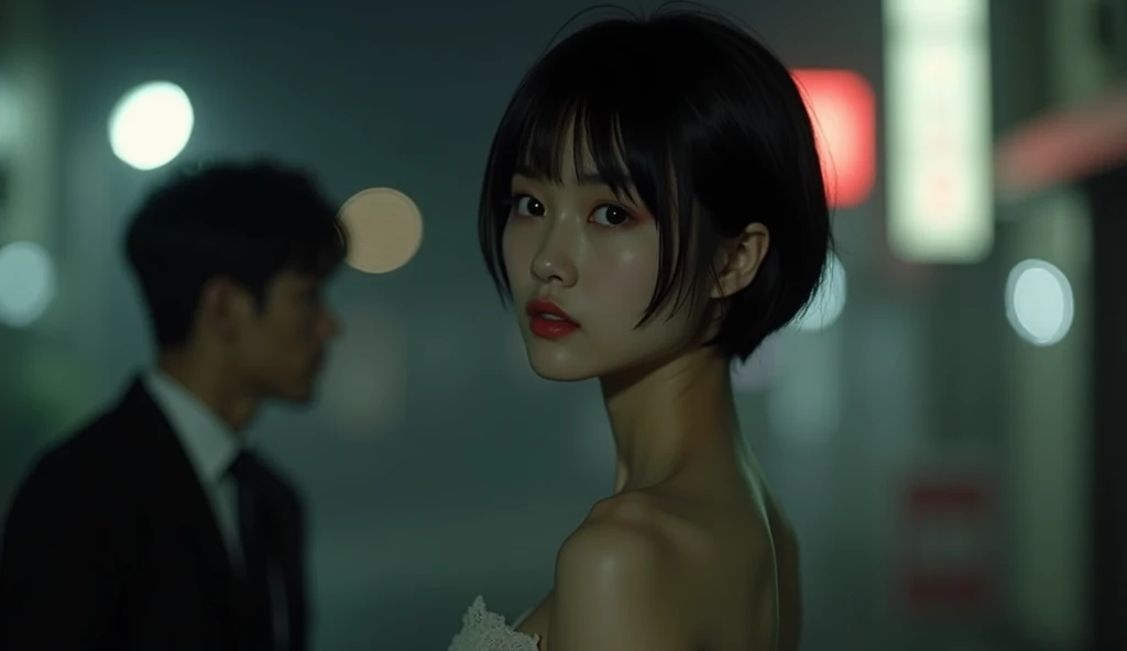 Attractive woman, I have an antique camera., Japanese women, short hair,melancholy night,Take off the shoulders,He was wearing a suit,Put on your headphones,strong sunlight,old school hip hop style,