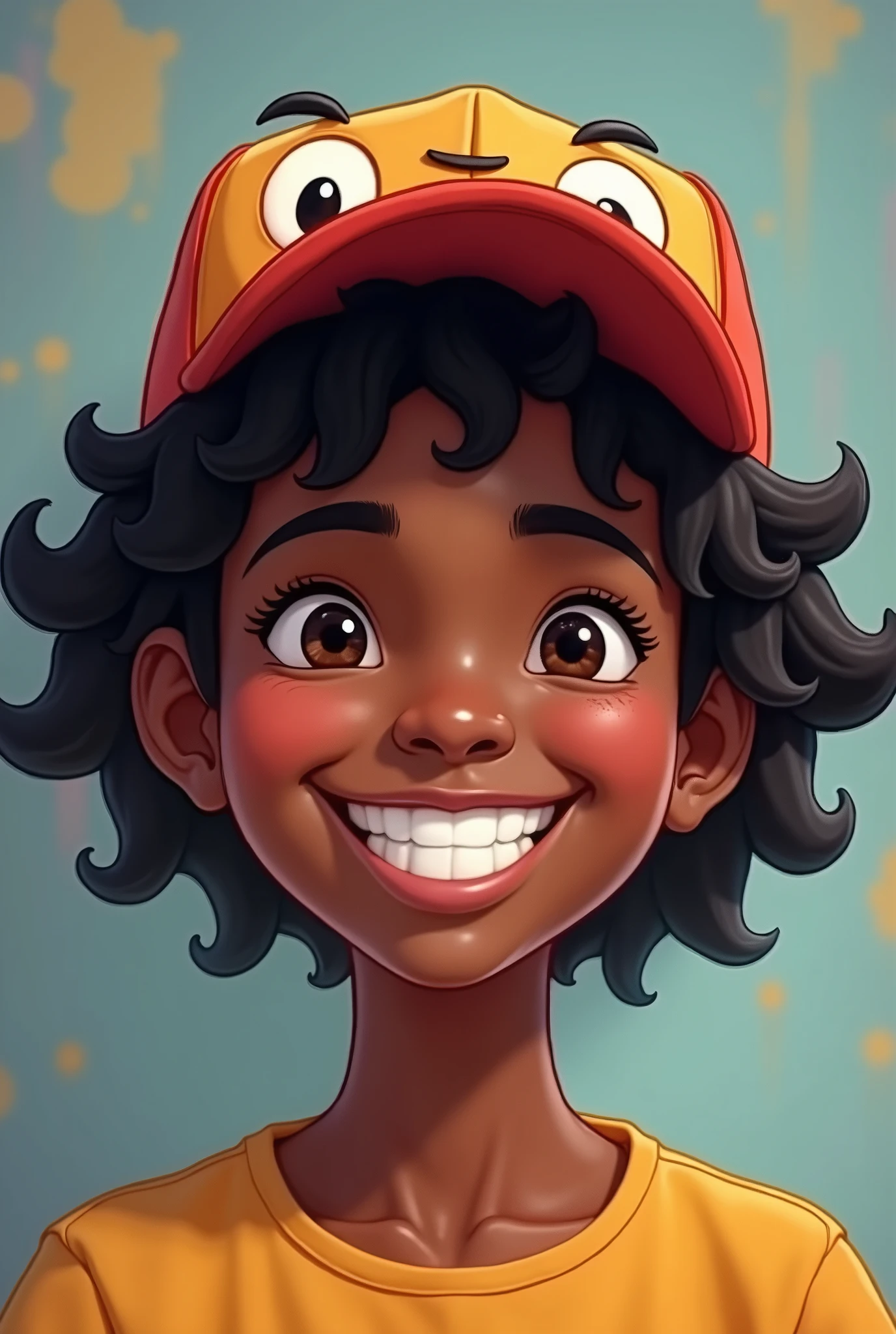 A dark-skinned teenager wearing a happy cartoon cap