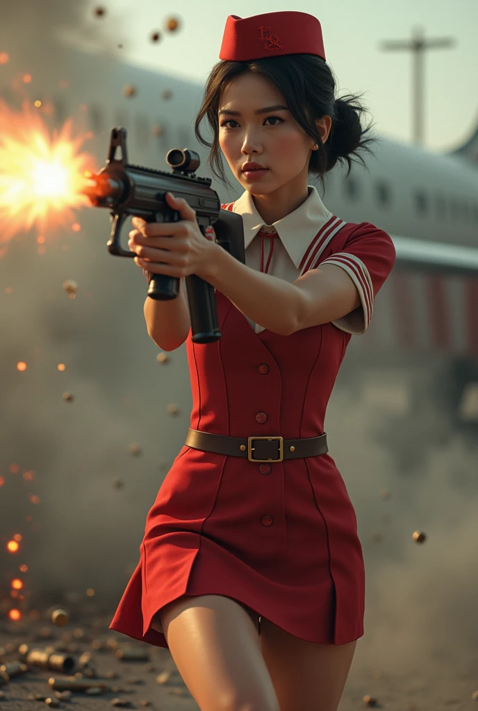 beautiful stewardess mini skirt realistic machine gun toting firing real person


