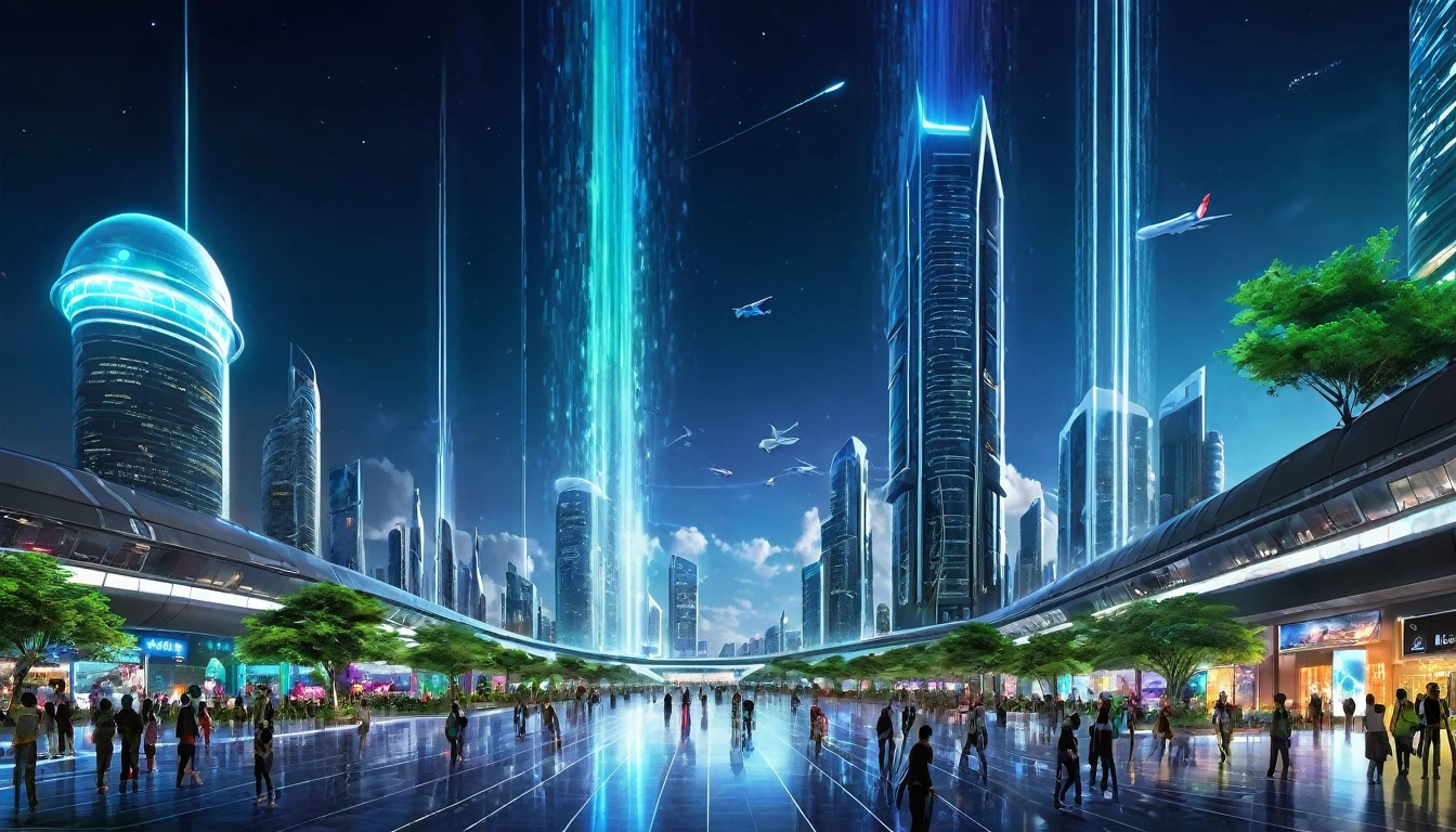 (hyper nebula starry nebula_sky moonset moonrise epic moonlight spacious) In this futuristic image of a city at night,They took us to a city full of technology and innovation.。Tall skyscrapers glow with neon lights in the night sky,Forming a series of colorful lines.。The facades of these buildings are covered with reflective materials.,Reflects surrounding lights,Create a futuristic atmosphere。 On the city streets,Driverless cars and planes fly by,They leave colorful trails in the night sky。These vehicles are made of smooth metal and transparent materials..,It gives a feeling of technology and future.。People wear fashionable clothes.,Using smart glasses and bracelet,Integrate with technology。 The city center is huge.,There is a huge water screen projection,Showcases a variety of gorgeous images and animations.。People surround the water curtain projection.,Admire artwork and technology displays in a unique interactive experience.。surrounded by a green belt,Planting plants of the future.,These plants emit a faint fluorescence.,Adding a touch of vitality and natural flavor to the city.。 In the distance of the image,We can see a huge spaceport.,The spaceship taking off,Taking people to unknown areas of the universe.。The architectural design of the spaceport is unique.,Full of curves and stylized elements.,It gives a feeling of futuristic technology.。 The complete, meaningful picture of technology and the future.,Showcasing a city of the future full of innovation and imagination。This painting rich in detail.,Vibrant with colors full of imagination and creativity.,It makes people feel like they are in a future world full of technological wonders.., (Cyberpunk night❤heart view, Ultra-detailed, intricate details, deep color, being realistic, masterpiece, cinematic lighting