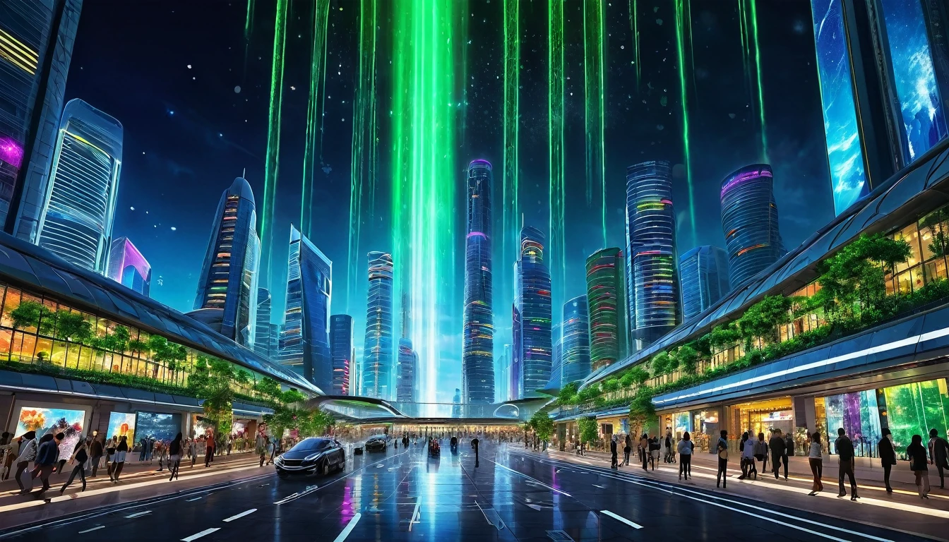(hyper nebula starry nebula_sky moonset moonrise epic moonlight spacious) In this futuristic image of a city at night,They took us to a city full of technology and innovation.。Tall skyscrapers glow with neon lights in the night sky,Forming a series of colorful lines.。The facades of these buildings are covered with reflective materials.,Reflects surrounding lights,Create a futuristic atmosphere。 On the city streets,Driverless cars and planes fly by,They leave colorful trails in the night sky。These vehicles are made of smooth metal and transparent materials..,It gives a feeling of technology and future.。People wear fashionable clothes.,Using smart glasses and bracelet,Integrate with technology。 The city center is huge.,There is a huge water screen projection,Showcases a variety of gorgeous images and animations.。People surround the water curtain projection.,Admire artwork and technology displays in a unique interactive experience.。surrounded by a green belt,Planting plants of the future.,These plants emit a faint fluorescence.,Adding a touch of vitality and natural flavor to the city.。 In the distance of the image,We can see a huge spaceport.,The spaceship taking off,Taking people to unknown areas of the universe.。The architectural design of the spaceport is unique.,Full of curves and stylized elements.,It gives a feeling of futuristic technology.。 The complete, meaningful picture of technology and the future.,Showcasing a city of the future full of innovation and imagination。This painting rich in detail.,Vibrant with colors full of imagination and creativity.,It makes people feel like they are in a future world full of technological wonders.., (Cyberpunk night❤heart view, Ultra-detailed, intricate details, deep color, being realistic, masterpiece, cinematic lighting