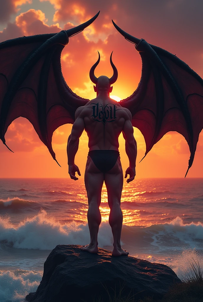 Make a wallpaper of devil having black wings seeing the sunset at sea , upper body are naked and black pant wearing and he have a "Devil" name tattoo on his back