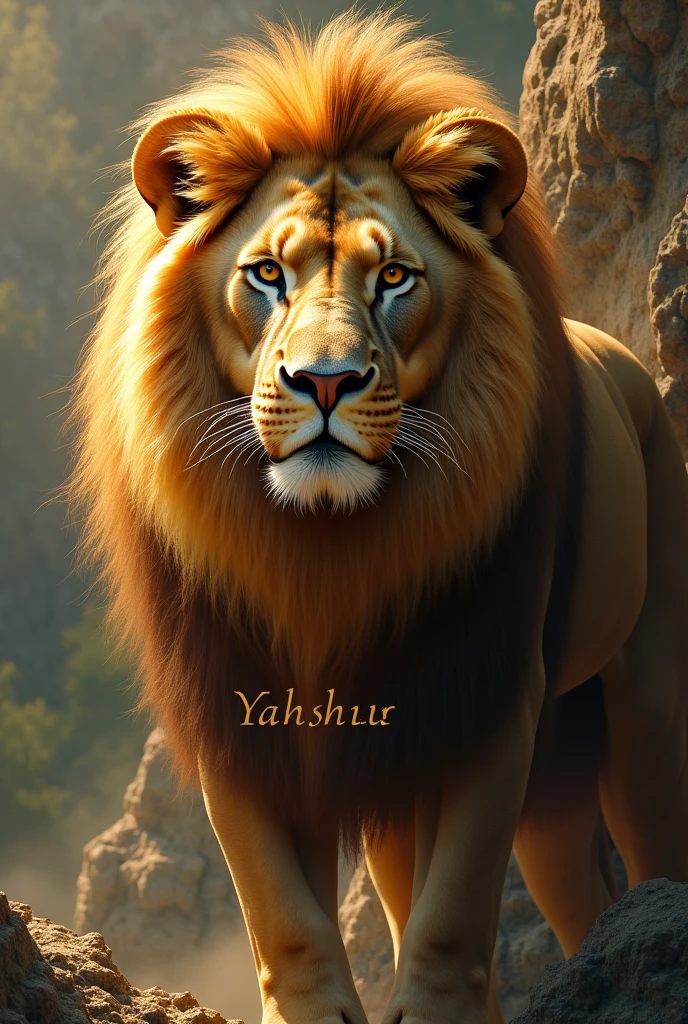 A majestic lion with beautiful hair with the words YAHSHUA