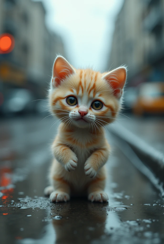 Cute close-up of a kitten lost in the city., Overcast (rain: 1.3), (Kinetics: 1.2), complicated details, ((A cat is walking along the roadside.)) ,Two-legged standing,Sad eyes., Tears flowing,Cry