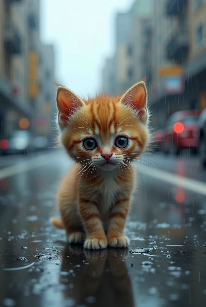 Cute close-up of a kitten lost in the city., Overcast (rain: 1.3), (Kinetics: 1.2), complicated details, ((A cat is walking along the roadside.)) ,Two-legged standing,Sad eyes., Tears flowing,Cry