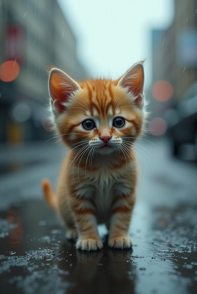 Cute close-up of a kitten lost in the city., Overcast (rain: 1.3), (Kinetics: 1.2), complicated details, ((A cat is walking along the roadside.)) ,Two-legged standing,Sad eyes., Tears flowing,Cry