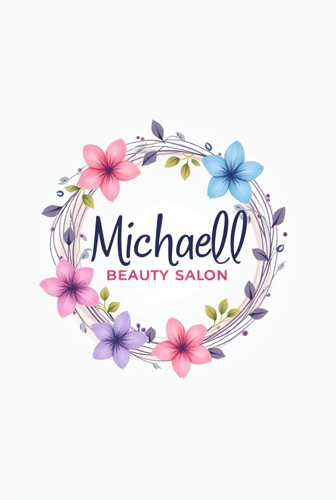 Create a logo for a beauty salon called michaell beauty salon, with baby blue tone, baby pink, Let it be a circle with beautiful flowers in pastel tones Let it be eye-catching Let the letter be in vibrant colors