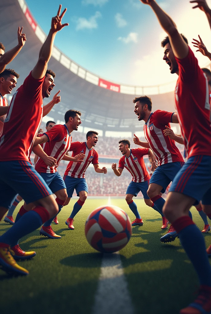 Create a competition between Atletico Madrid fanboys and Espanyol logo teams fanboys. Add a background image of the Atlético Madrid stadium, and football must be included