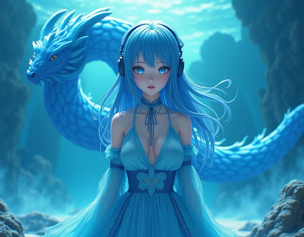 Anime 3D style, hyper-realistic oil painting, delicate features, handsome girl, dopamine outfit, wearing headphones, facial lighting, facing the camera, medium close-up standing, octane rendering, ray tracing, depth of field, super details. Xiaolongnu is wearing a crystal clear blue dress and has long ice-blue hair. She is at the bottom of the sea, with a fierce blue dragon behind her, a , cold eyes, close-up, CG animation, highest quality, masterpiece, exquisite CG, hyper-realism