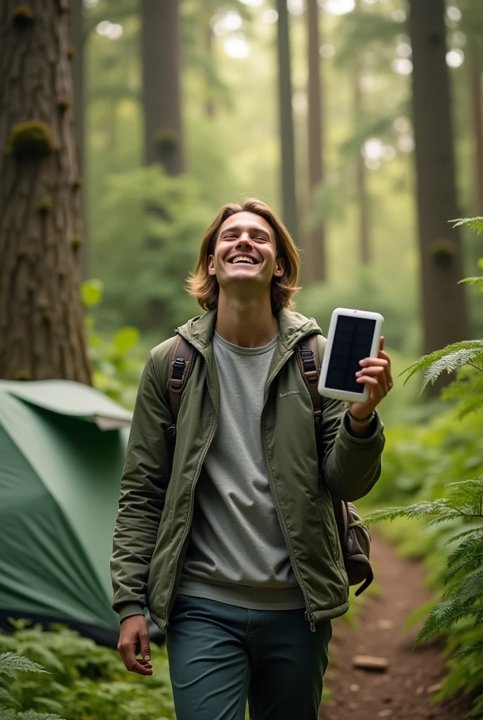Happy person in a forest camping showing a small white portable solar panel charger robot and a cell phone in his right hand