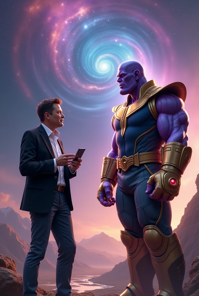 Show me a picture of Elon Musk hanging out with Thanos, Remember that this is a fictional scenario.