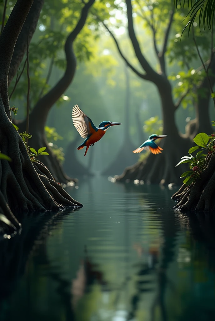 Photorealism 1.4 realistic realism high detailed definition  mangrove swamp two  bird flying around  black water  sunlight silhouette   very clear  kingfisher bird flying around