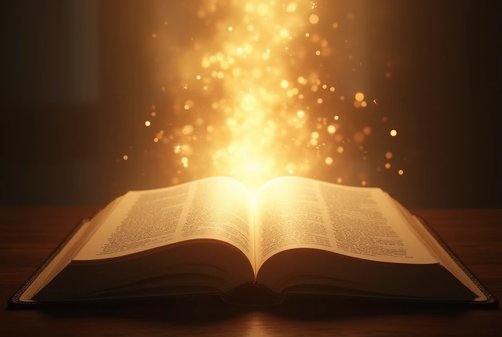 Bible open with divine light and background behind inspiring time