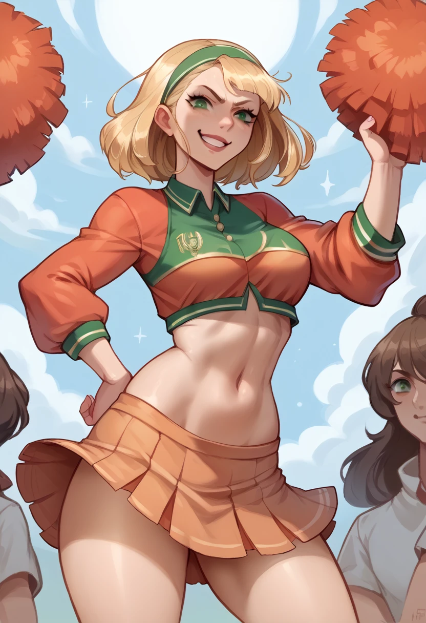 A young blonde girl, standing confidently in a fitted cheerleader uniform. She looks directly at the camera with a smirk that mixes charm and contempt. Her posture is proud, one hand on her hip, and her green eyes are sharp, as if she’s evaluating and judging whoever is looking at her. She exudes confidence and a hint of danger.