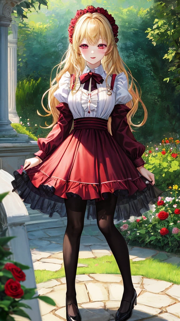 A masterpiece of a girl in a garden, best quality, absurd, looking at the viewer, alone, rita rosweisse (a midsummer night's dream), rita rosweisse, shirt, pantyhose, red rose, red eyes, blonde hair, long sleeves, beauty mark under eye, hair over one eye, frilled shirt, white shirt, seductive smile, (ulzzang-6500:0.8), long hair, day, outdoor, black pantyhose