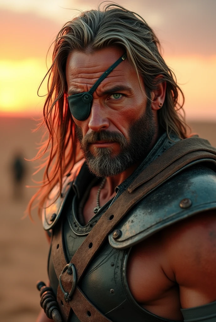 photoshot: close up of a costumed person looking at the devastated horizon, inspired by Zoltan Boros, Scenario: apocalyptic madmax movie style road to destruction, charachter:he wears an eyepatch on his right eye and the other eye is aqua green in color, long shoulder length hair, a lock of white hair, unshaven beard, fixed and penetrating gaze, Lighting: sunset sun in the desert in a sky with reddish tones, outfit: armadura estilo medieval expondo braços musculosos e abdômen definido do charachter, sight: frontal camera.