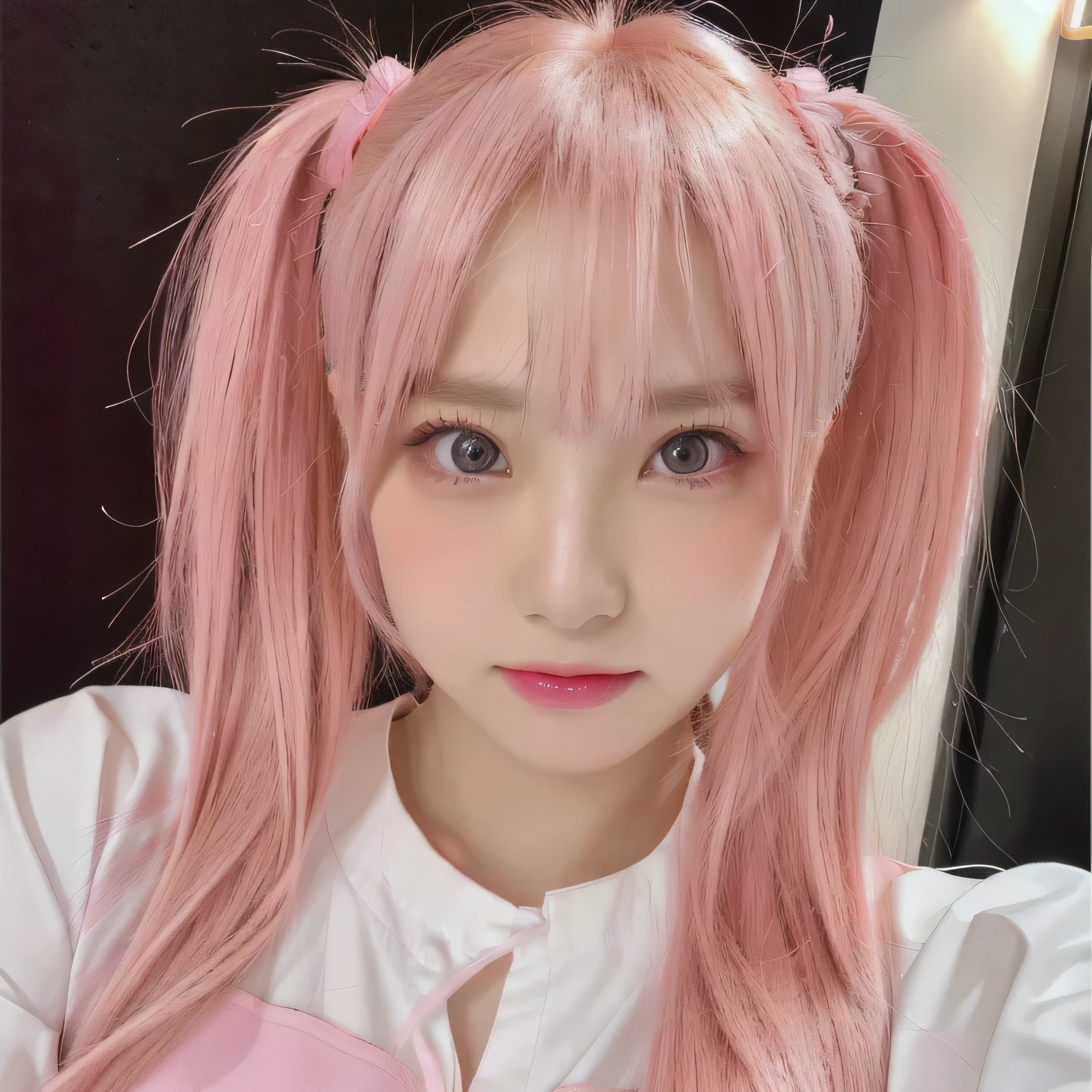 Facing forward, face fully aligned with the camera.ID photo style, no side turning.Looking straight ahead, ensure face is directly facing the lens.(((Frontal orientation，Look directly at the camera，Facing forward, looking directly at the camera))).Female characters，School，Selfie，Beautiful as an angel，blush shyly，Delicate facial skin，Moist and attractive lips，Gentle and ambiguous eyes，Pink double ponytail hairstyle，Anime Girl，Pink Hair，Rich eyes and face details，Looking at the camera，Close-up shot，Bedroom night scene，The atmosphere is ambiguous，The eyes are very beautiful（Symmetrical eyes：1.3），Serious expression，Slightly angry，Ultra-high resolution，8kSelfie Photos，Professional cinema lighting，Best quality，masterpiece，Pink shirt，Cute and natural anime face，Pink Ponytail and Teal Eyes，Combination of reality and animation（Realisticity：1.4），Kawaii realistic portrait，The face glows pink，WAN cute Korean face，Cute girl，Pink Ponytail，cute kawaii girl，Glowing face。