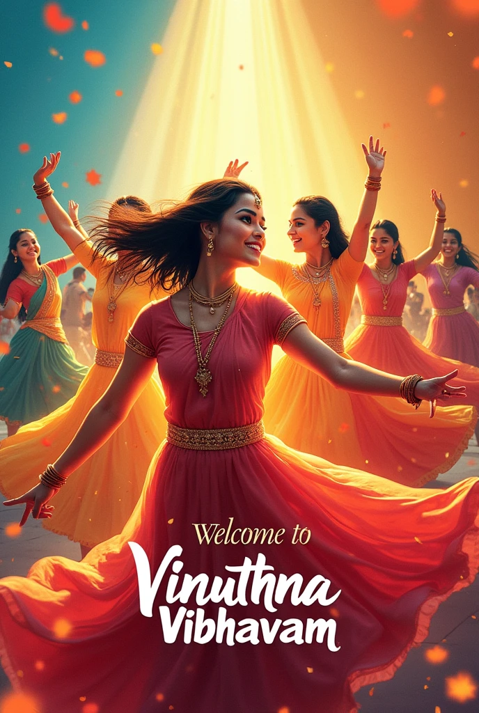 Create a poster on Well come to vinuthna vibhavam as a text on it and girls dancing 