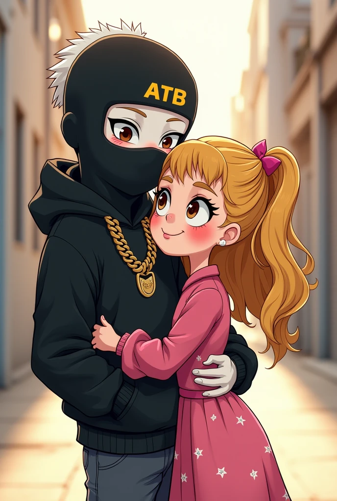 Create a couple of approximately 1 as a cartoon style , that the boy has a balaclava that says more initials ATB ,your skin is white, be a little bit taller, be a rap singer, look tough ,with white hair, brown eyes and have a black hoodie and chains. .The girl is blonde , no tattoos, brown eyes with freckles and wear a dress that's not too long, pink with white squares and the boy is in front and is hugging the girl from behind