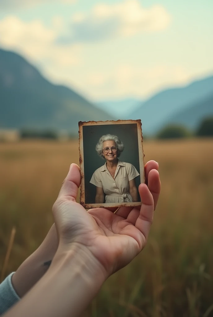 hands of a young man showing a photo of a grandmother on a plain with mountains and hills