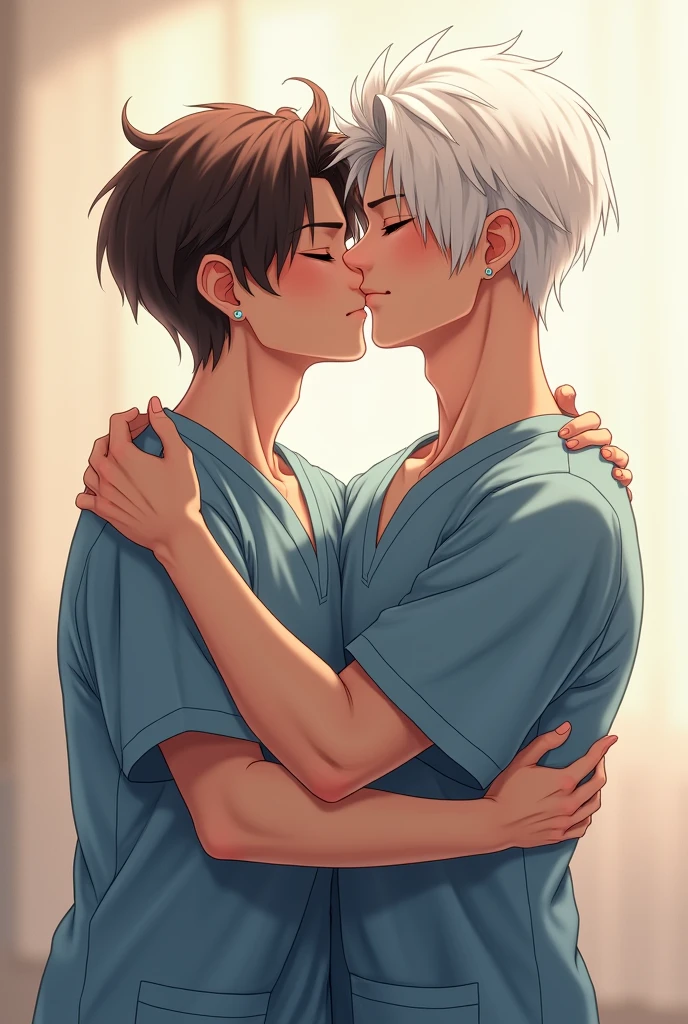 Light brown-haired nurse with dark hair and white-haired nurse with light brown hair kissing, they are both men, real
