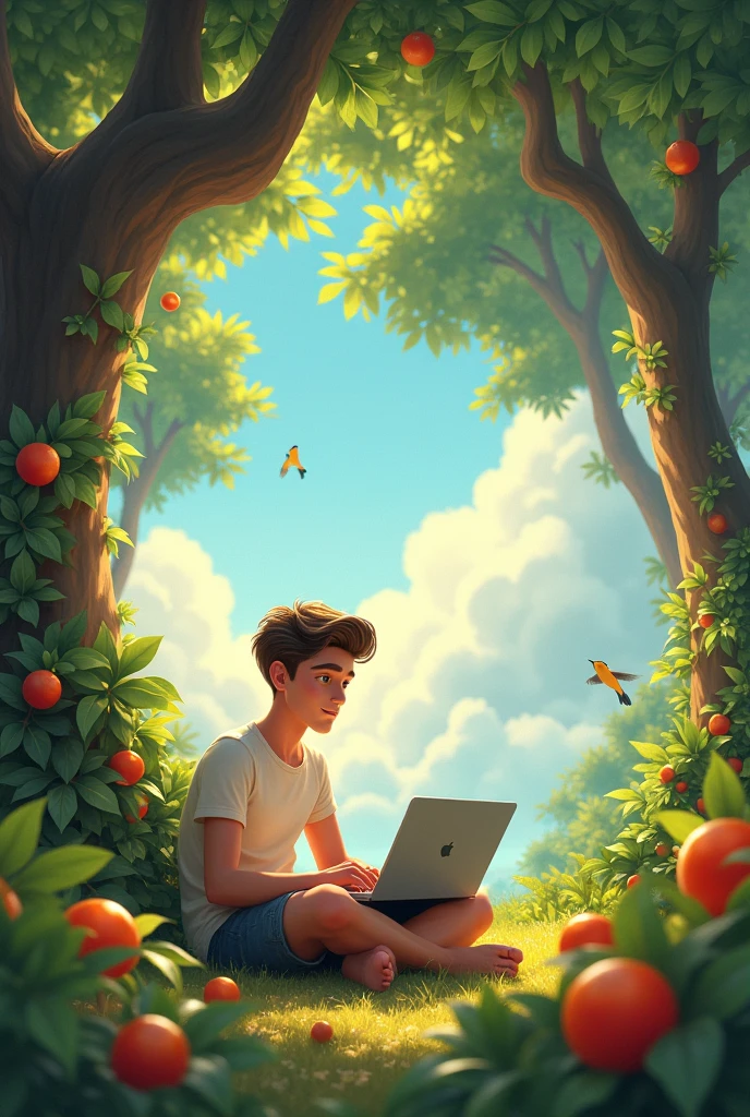 Orginality pic of A happy mind teenager with clean shave dreaming his beautiful heaven include , birds, siting under trees with laptop beautiful fruits back wide view