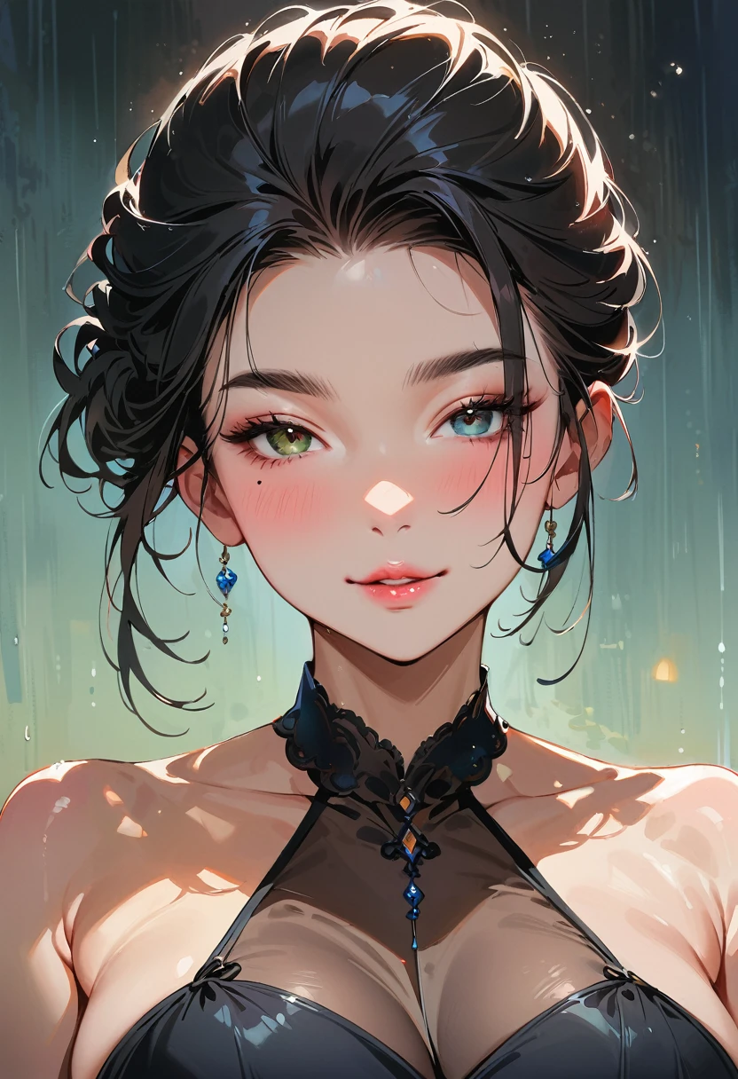 (masterpiece, best quality:1.4), 1 girl, 独奏, Heterochromia, Delicate pupils, Blurred eyes, Close your left eye, Smile, Tilt your head back 45 degrees, Right tear mole, (Black hair:1.2), Shiny hairstyle, huge breasts, Mini Girls, Backlight, Rainy Day, Black Tulle Evening Dress, Works by top portrait painters, Black and white gradient background.
