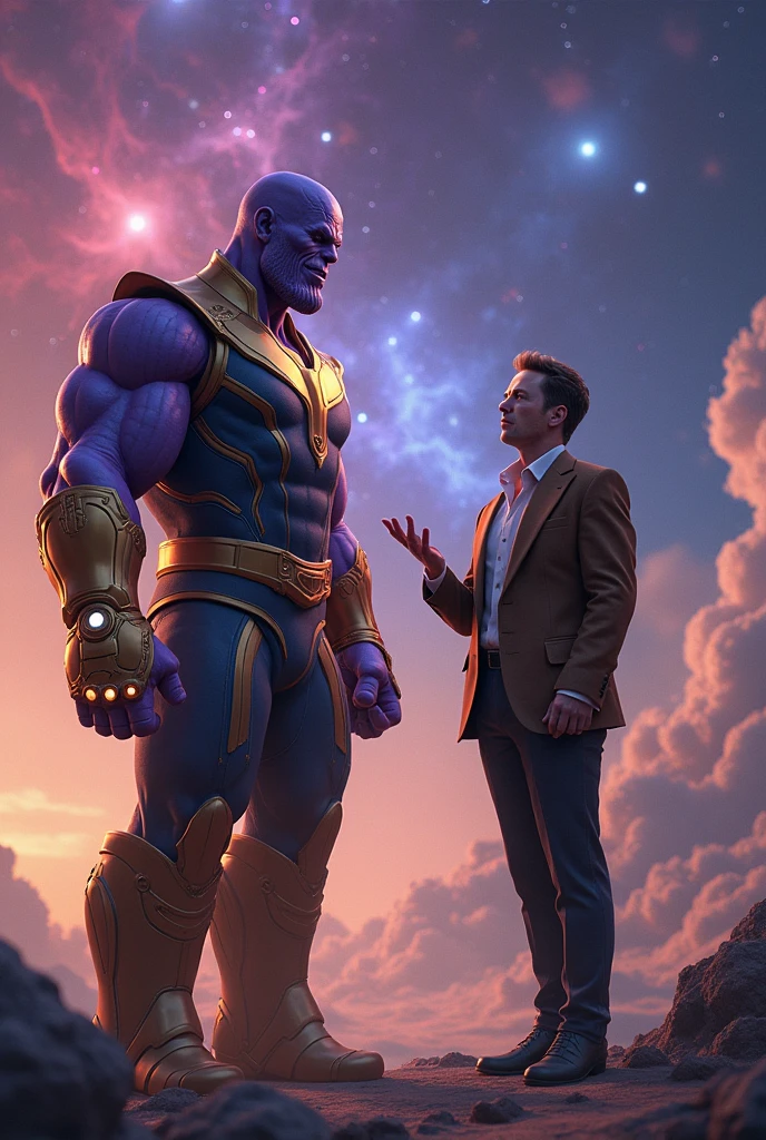 Show me a picture of Elon Musk hanging out with Thanos, Remember that this is a fictional scenario.