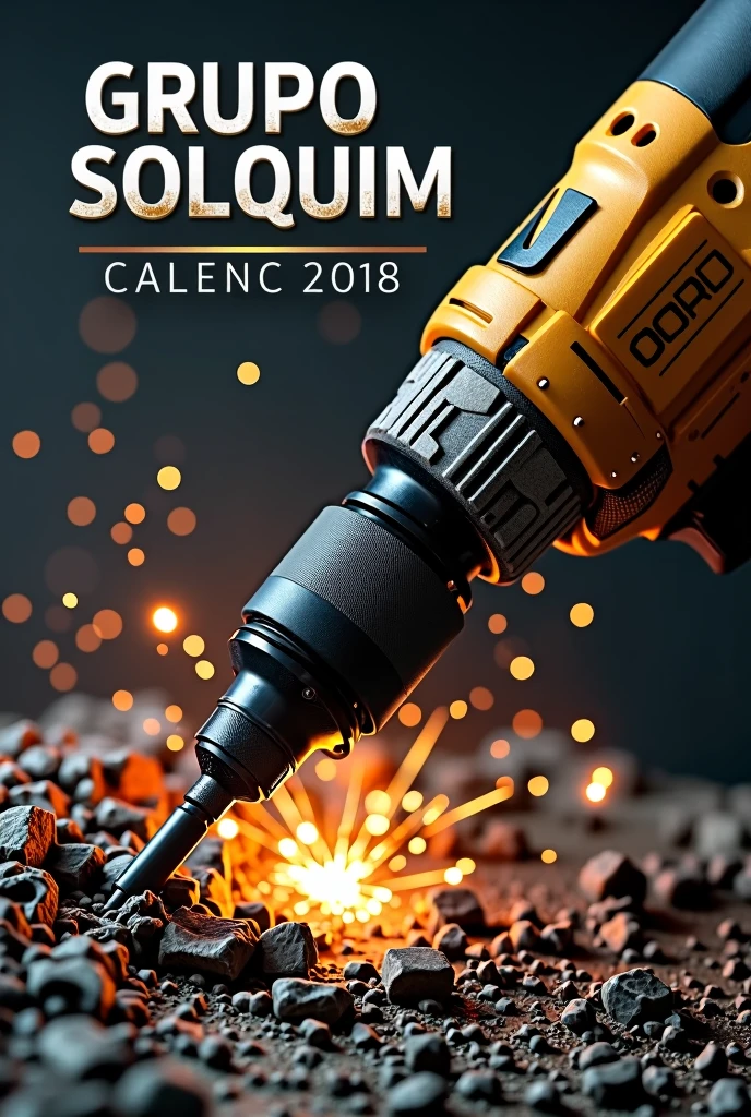 A dramatic and visually striking cover design for a calendar. The main focus is a powerful drill in mid-action, drilling through the front cover itself. As the drill penetrates the surface, the material splinters away, revealing the logo of 'Grupo Solquim' partially exposed through the drilled hole, along with a bottle labeled 'Thinner' nearby. The logo should match the one found on the official Grupo Solquim website, showing the text and design elements clearly. Sparks and debris fly outward from the drill, enhancing the sense of movement and energy. The drill is highly detailed, with branding subtly visible on the handle. The background is a dark, neutral color to ensure the action, the logo, and the bottle stand out prominently. The overall mood is one of transformation, power, and dynamic action, emphasizing both the tool and the products of Grupo Solquim.