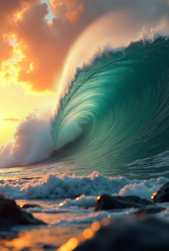 (photorealism: 1.2), realistic photo of a wave at sunset