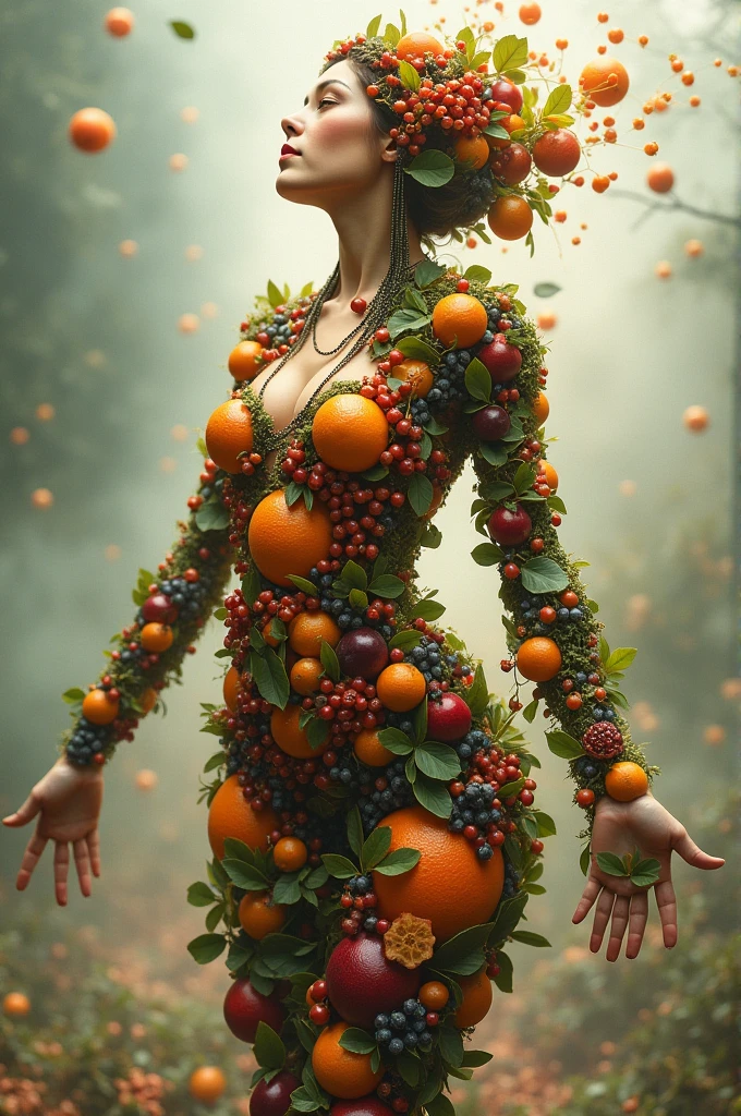 Surreal art of a woman made of various fruits