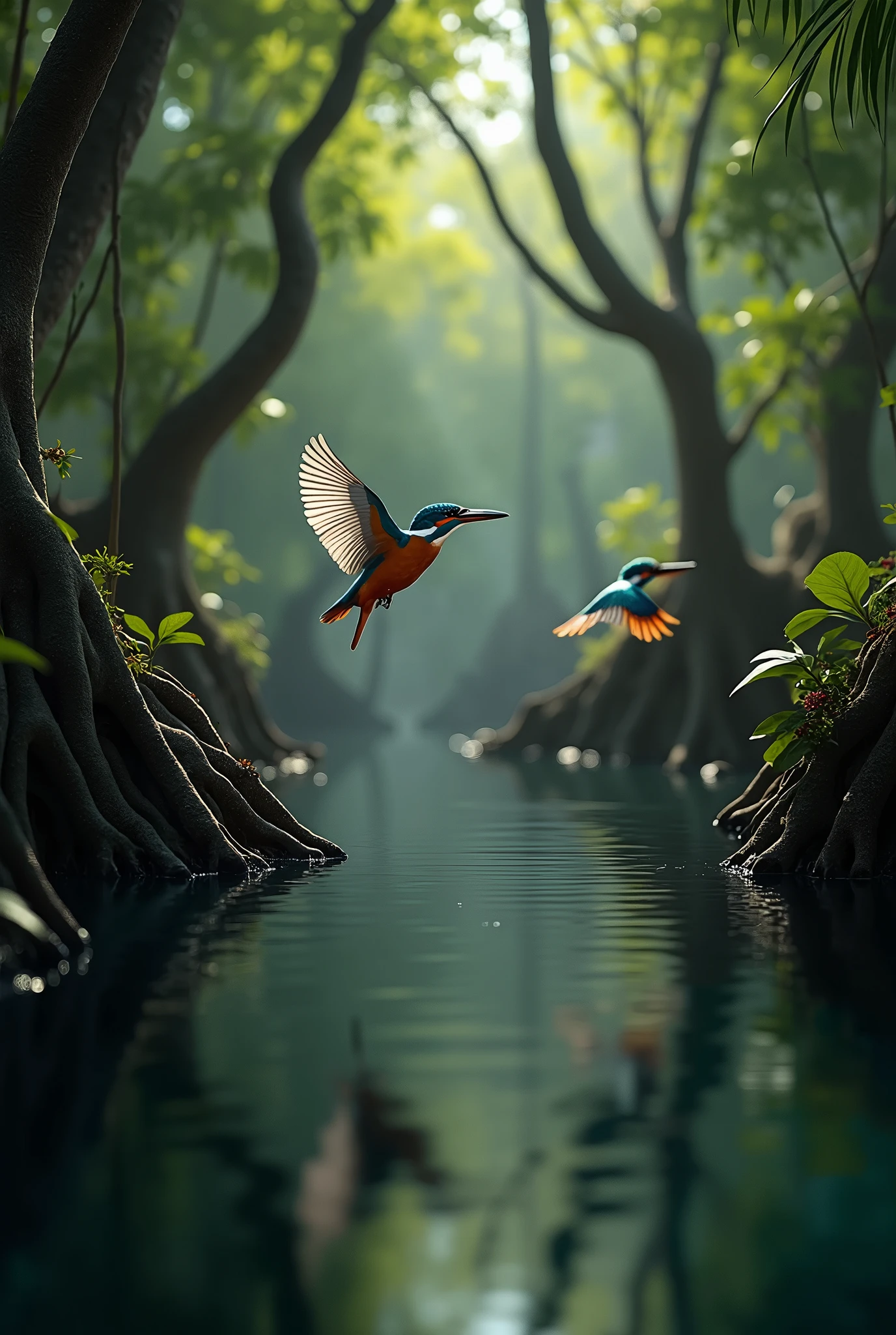 Photorealism 1.4 realistic realism high detailed definition mangrove swamp two bird flying around black water sunlight silhouette very clear kingfisher bird flying around