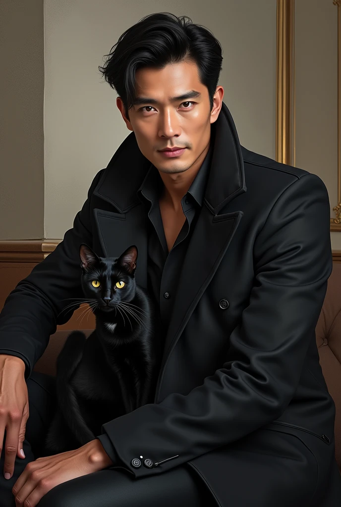 Make the actor song kan and a black cat at his side