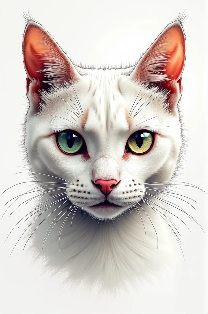 Face of an extremely different cat, something never seen before, remembering that it is just a cat's face drawn in lines just outlining without filling in the face, and with the sweetest aggressive appearance with an aggressive look